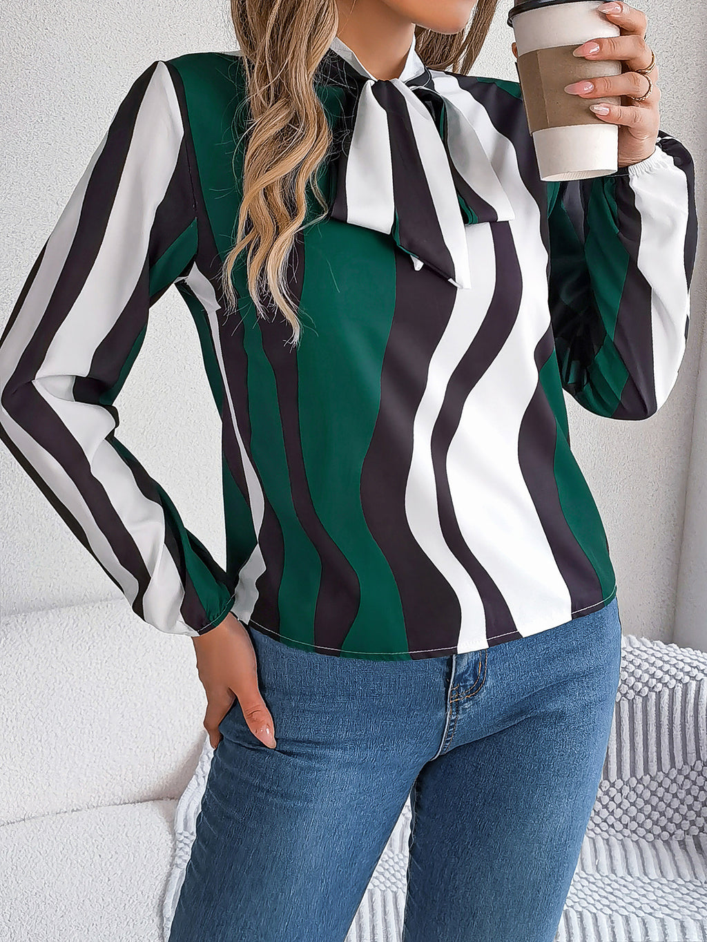 Women's Elegant Color Block Stripe Tie Waist Lantern Sleeve Chiffon Top