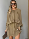 Loose-fit Ruffled-hem Round-neck Long-sleeve Chiffon A-line Dress