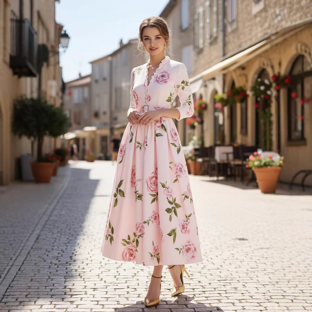 Fashionable Printed V-Neck Defined-Waist Long-Sleeve A-Line Womens Dress
