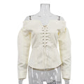 Womens Stylish Solid-Color Off-the-Shoulder Pleated Long-Sleeve Tie-Up Top