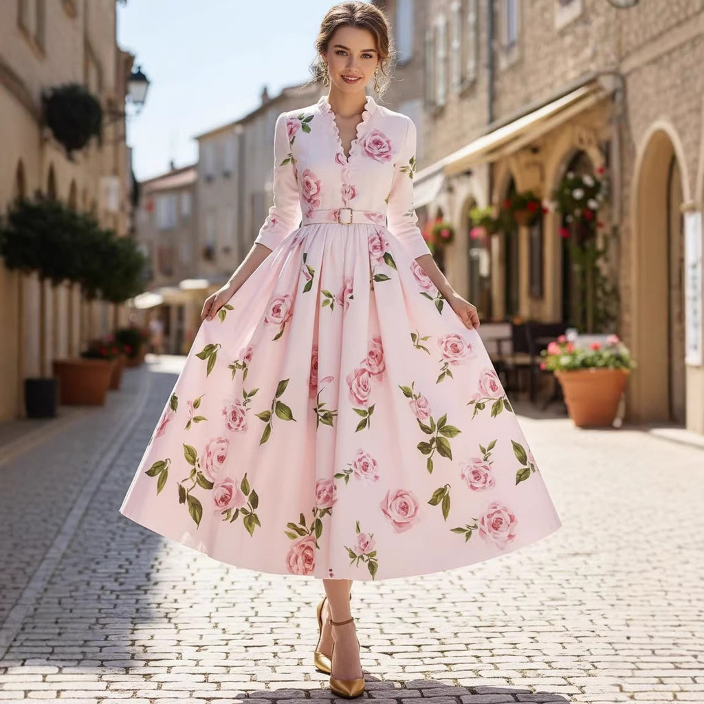 Fashionable Printed V-Neck Defined-Waist Long-Sleeve A-Line Womens Dress