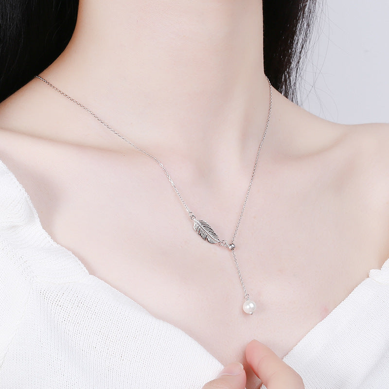 Long Fringed Feather Pearl Necklace Women