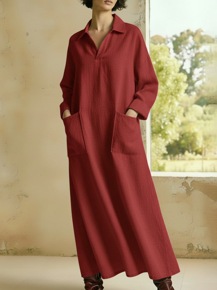 Loose-fitting Casual Polo-neck Pocketed Long-sleeve Dress