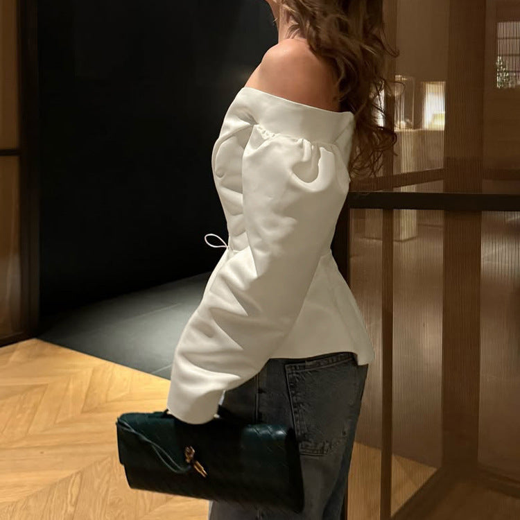 Womens Stylish Solid-Color Off-the-Shoulder Pleated Long-Sleeve Tie-Up Top