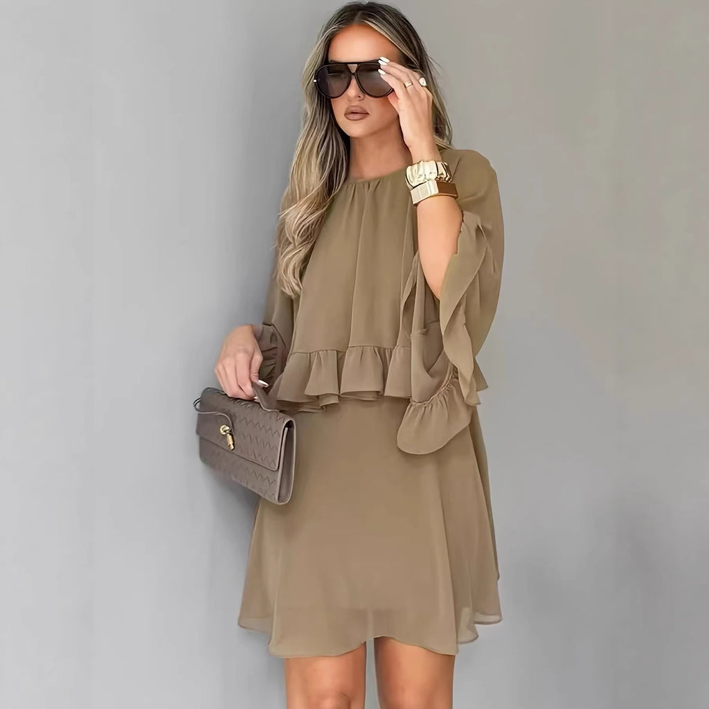 Loose-fit Ruffled-hem Round-neck Long-sleeve Chiffon A-line Dress