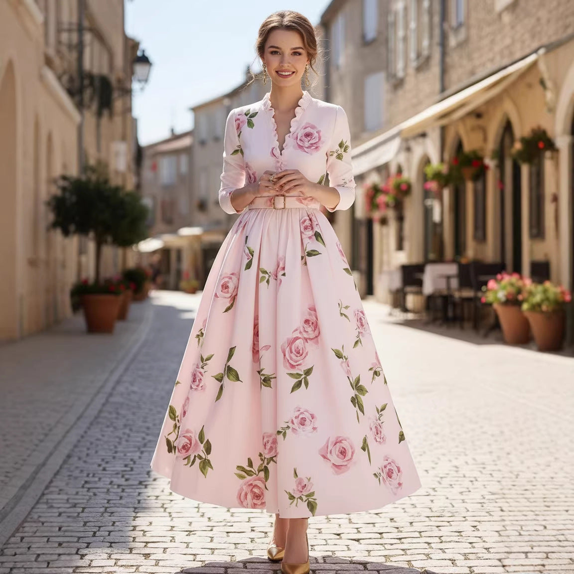 Fashionable Printed V-Neck Defined-Waist Long-Sleeve A-Line Womens Dress