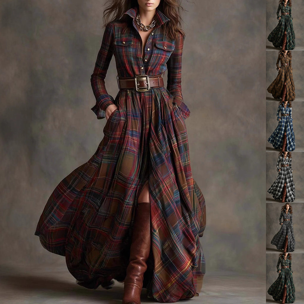 Ins Plaid Print Long-Sleeved Dress Fashion Pockets Collared Buttons Shirt Long Dresses Retro Women's Clothing