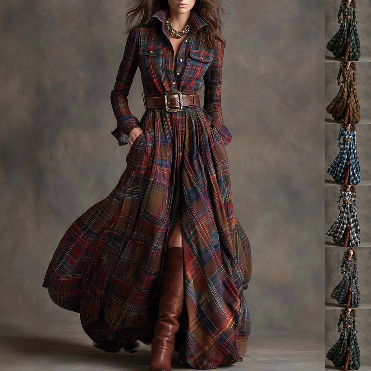 Ins Plaid Print Long-Sleeved Dress Fashion Pockets Collared Buttons Shirt Long Dresses Retro Women's Clothing