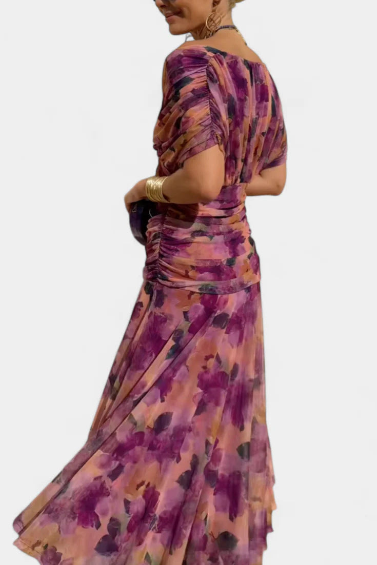 Chiffon Short-sleeved Dress Summer Fashion Print V-neck Long Dress, Women's Clothing