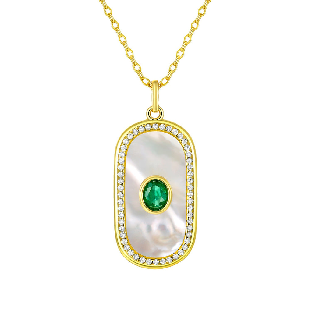 Natural Emerald Pendant S925 Silver Inlaid Fritillaria Necklace Personality Geometric Round Card Shaped Pendant