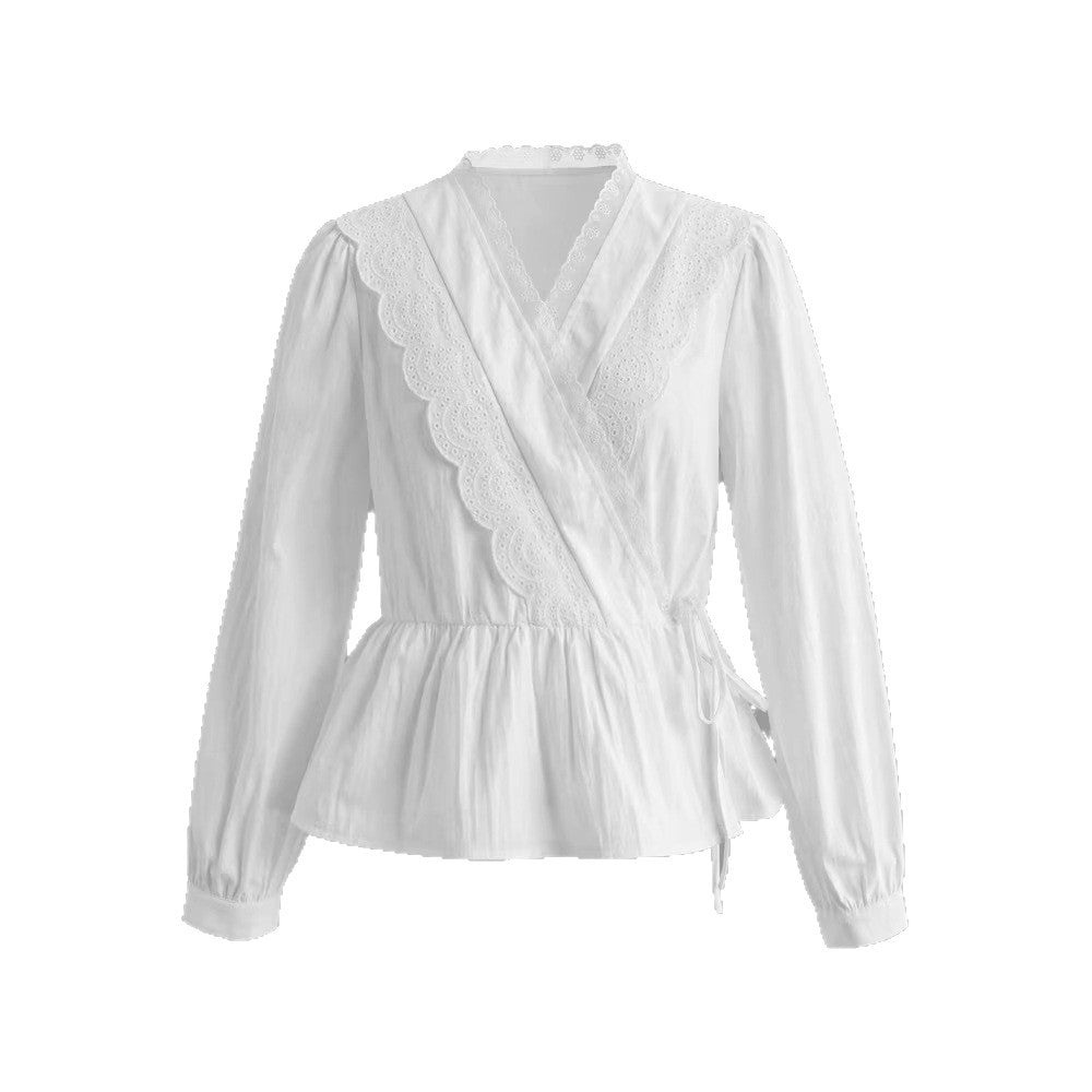 Womens Designer Lace Trim Long-Sleeve Casual Tie-Up Shirt Top