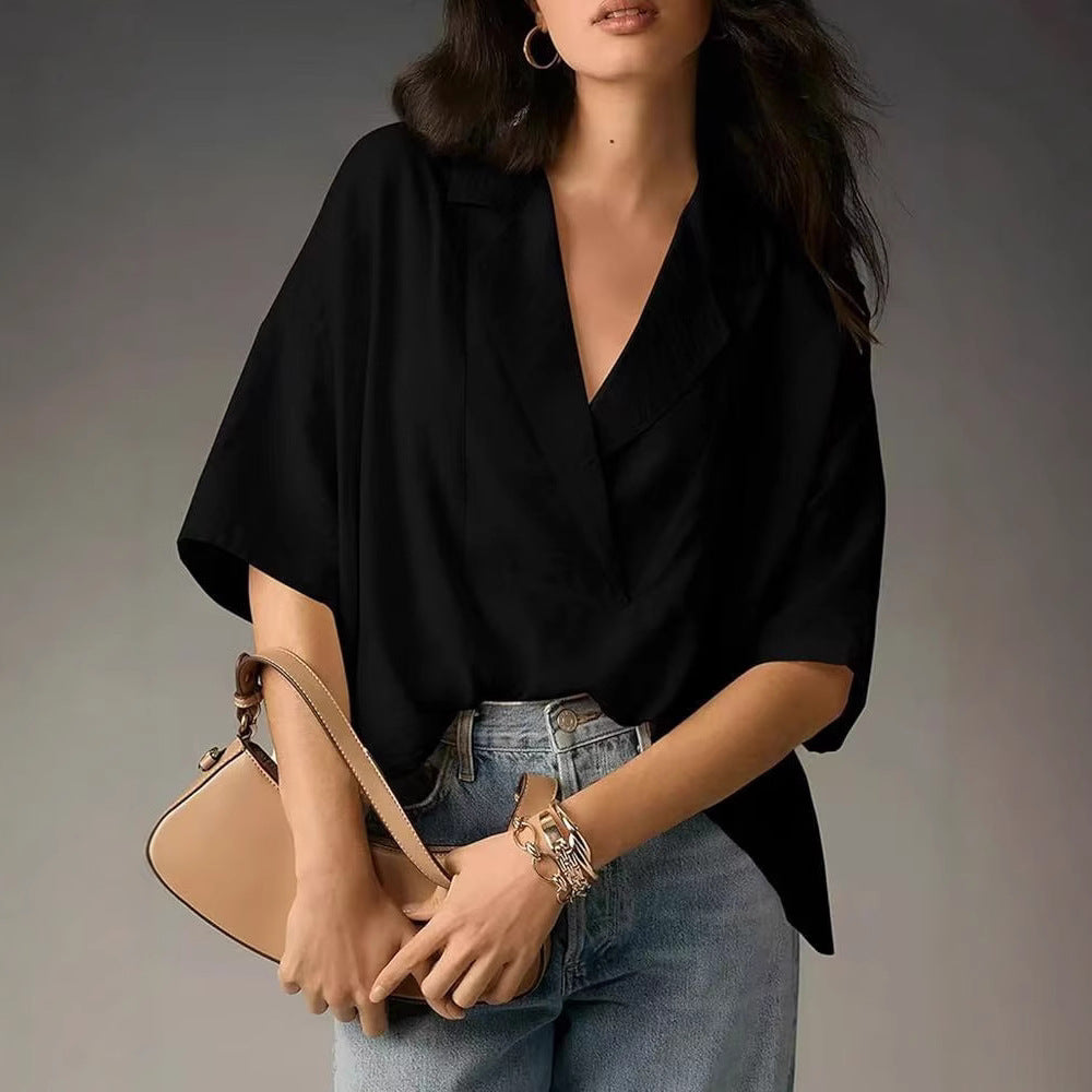 Casual Loose Short Sleeve Lapel  Collar Large V-Neck Fashionable Elegant Pleated Loose Fit Solid Color Women's Shirt Tops Clothing