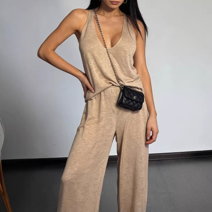 Womens Casual Sleeveless Top And Straight-Leg Pants Set