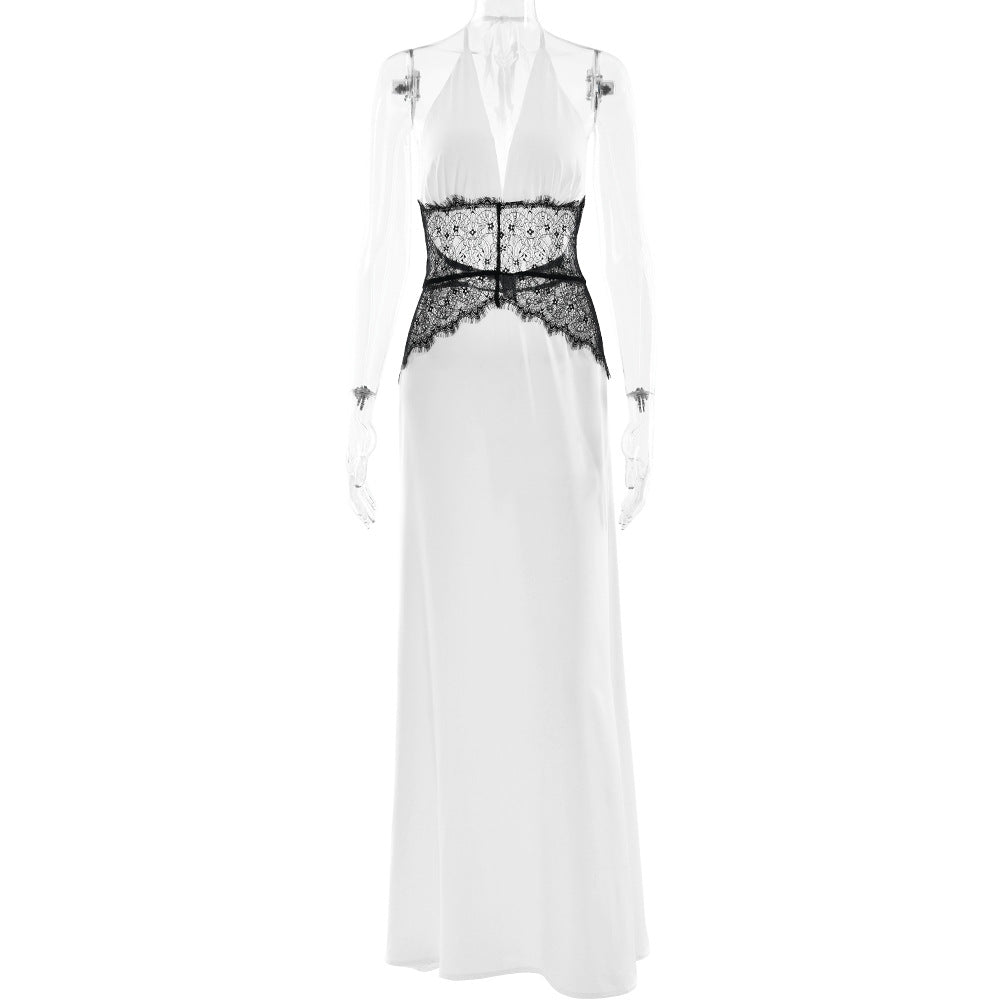 Elegant Deep V-silk Soft Satin Patchwork Neck Hanging Sexy Dress