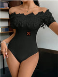 Women's Off Shoulder Short Sleeve Bodysuit Sexy Lace Bodycon Top
