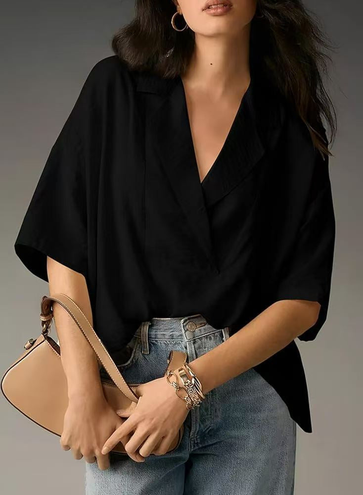 Casual Loose Short Sleeve Lapel  Collar Large V-Neck Fashionable Elegant Pleated Loose Fit Solid Color Women's Shirt Tops Clothing