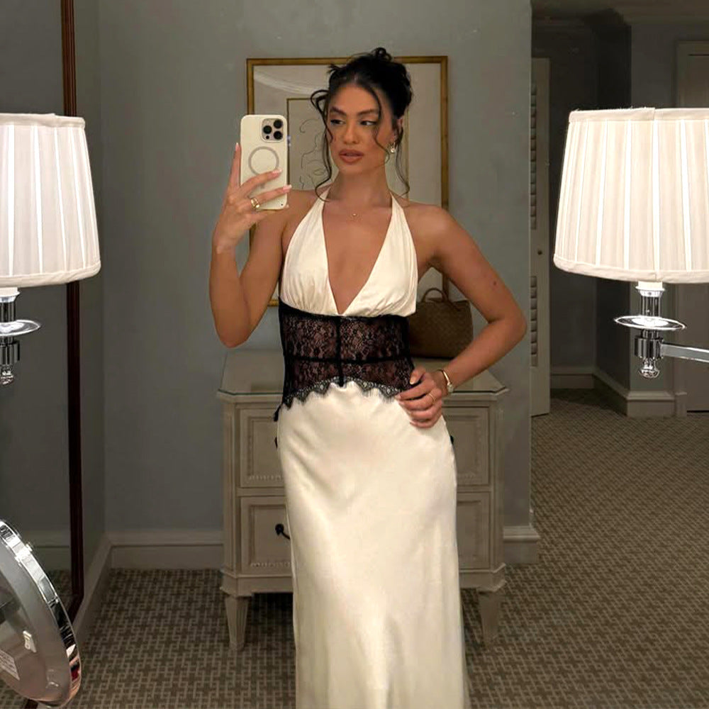 Elegant Deep V-silk Soft Satin Patchwork Neck Hanging Sexy Dress