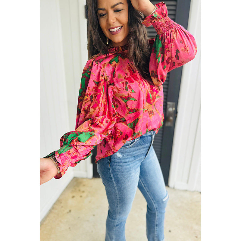 Color-block Printed Long-sleeve Top Womens Stand-collar Chiffon Blouse