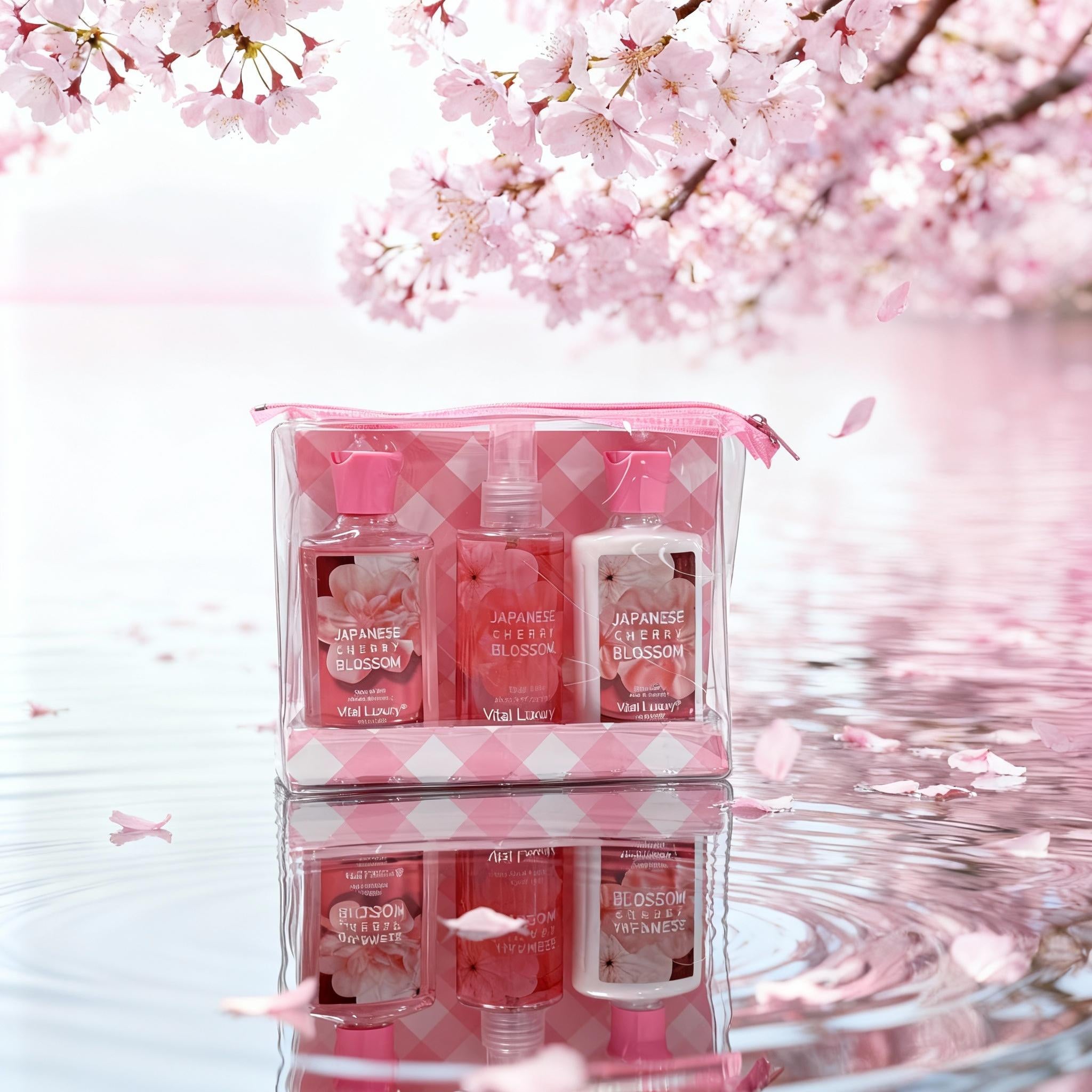 3-piece Set Japanese Cherry Blossom Spa Set With Natural Extracts-Shower Gel, Body Lotion, Body Mist, Bath And Body Gift Set For Women And Girls,  Body Care Travel Set For Birthday Mother's Day Gifts