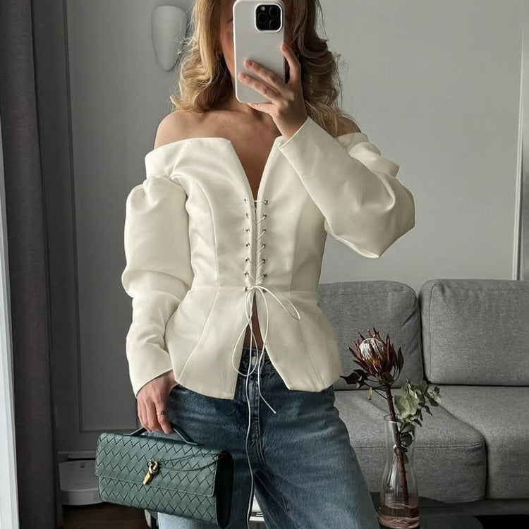 Womens Stylish Solid-Color Off-the-Shoulder Pleated Long-Sleeve Tie-Up Top