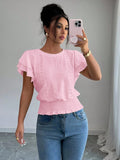 Jacquard Solid-color Crewneck Ruched Batwing-sleeve Short-sleeve Shirt