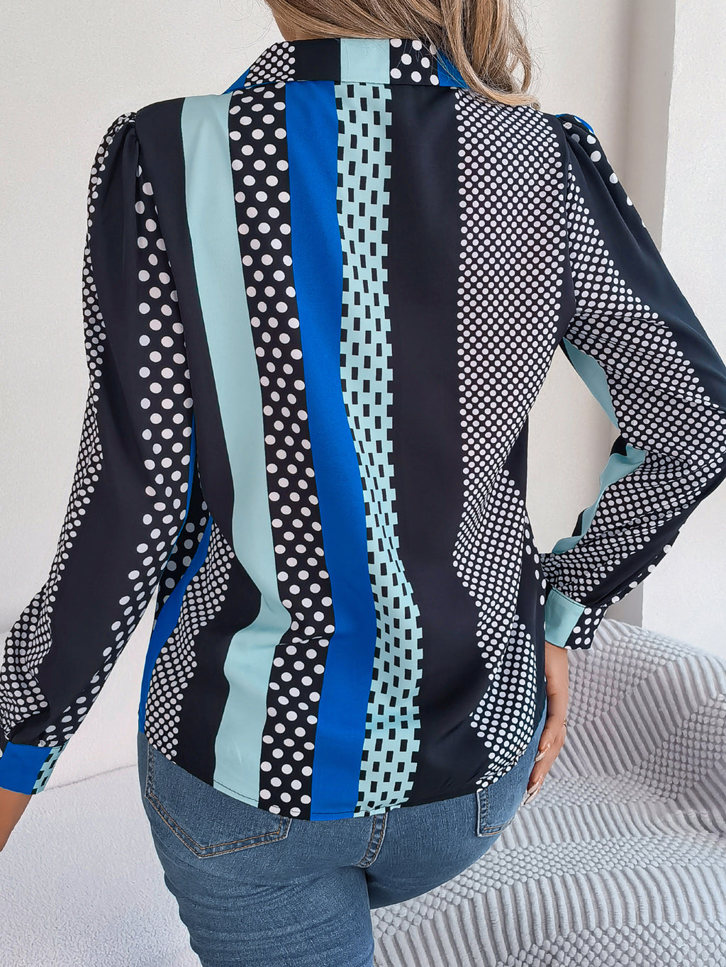 Women's Office Elegant Color Block Polka Dot Notched Lapel Long Sleeve Shirt