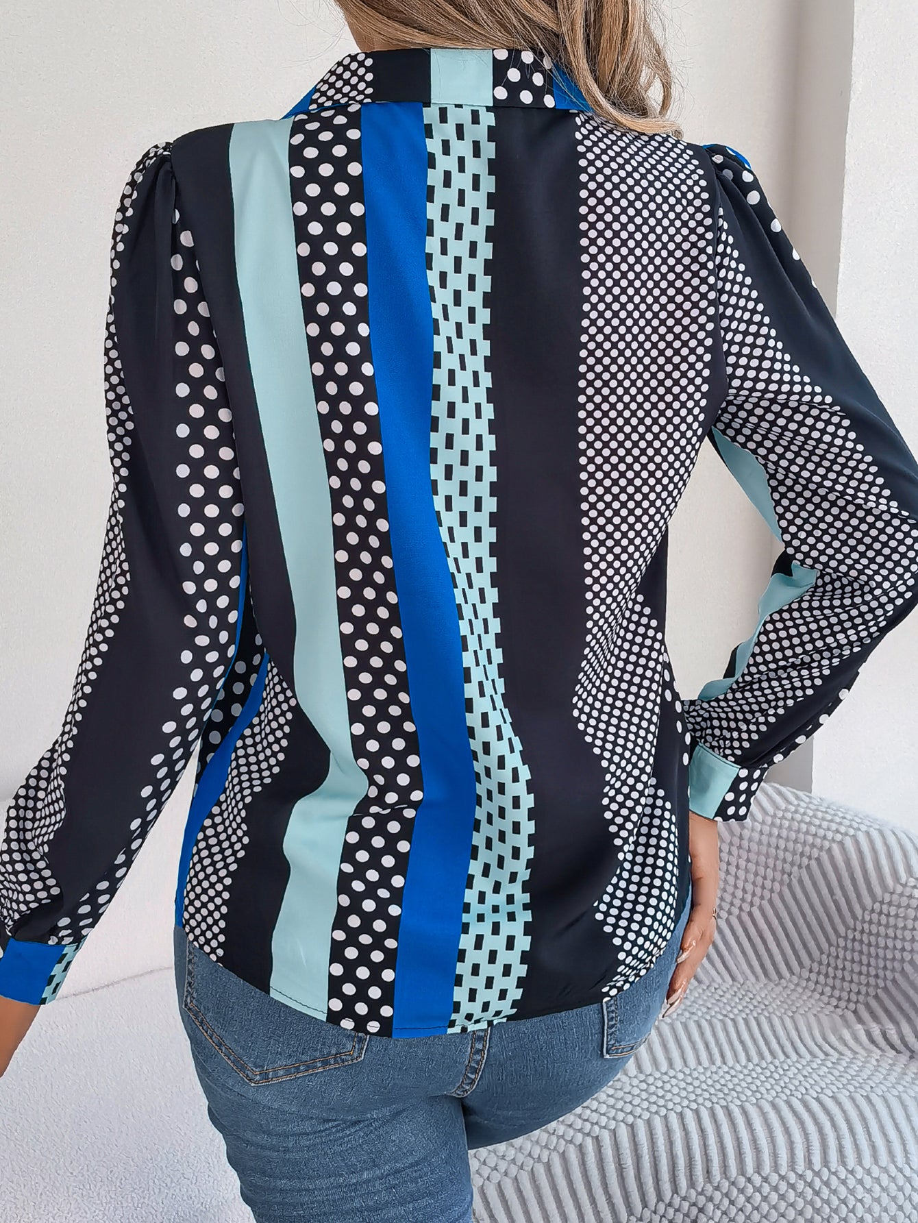 Women's Office Elegant Color Block Polka Dot Notched Lapel Long Sleeve Shirt