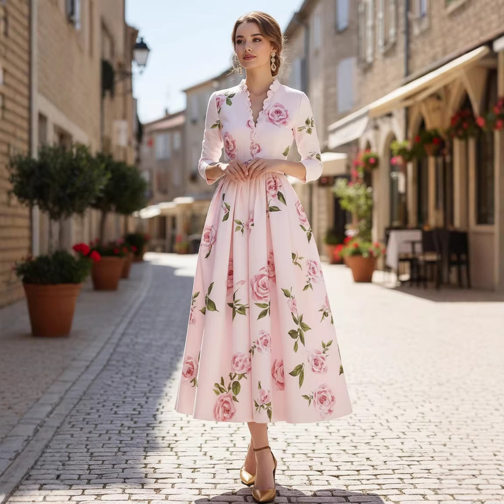 Fashionable Printed V-Neck Defined-Waist Long-Sleeve A-Line Womens Dress