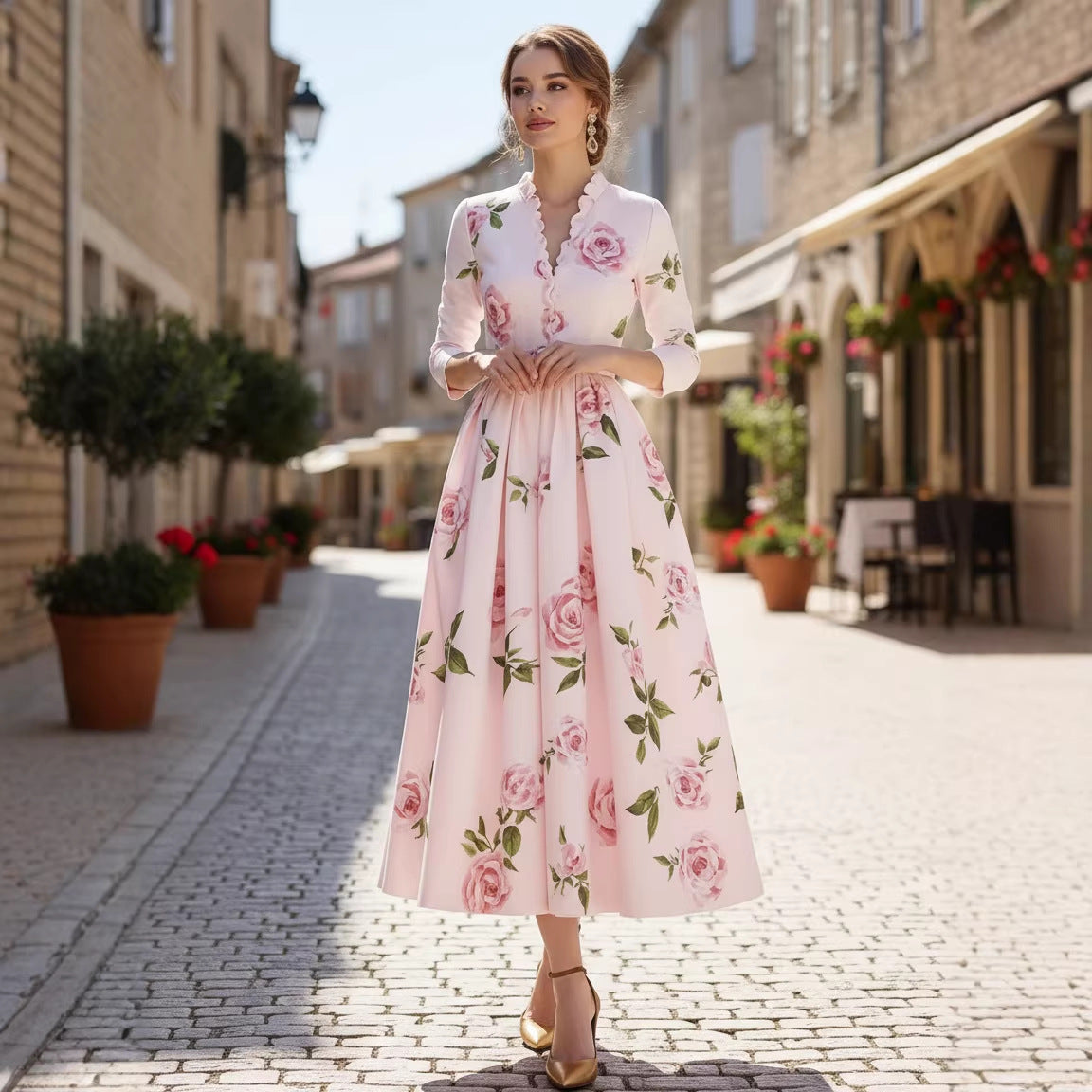Fashionable Printed V-Neck Defined-Waist Long-Sleeve A-Line Womens Dress