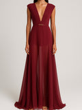 Burgundy Deep V Neck Sleeveless Dress