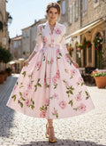 Fashionable Printed V-Neck Defined-Waist Long-Sleeve A-Line Womens Dress