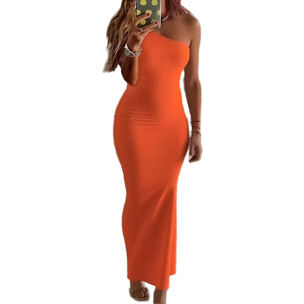 Womens Slant-Shoulder Sleeveless Slim-Fit Casual Dress