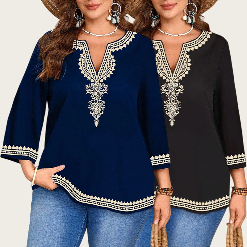 Fashionable Casual V-Neck Ethnic-Style Printed Three-Quarter-Sleeve Shirt Top