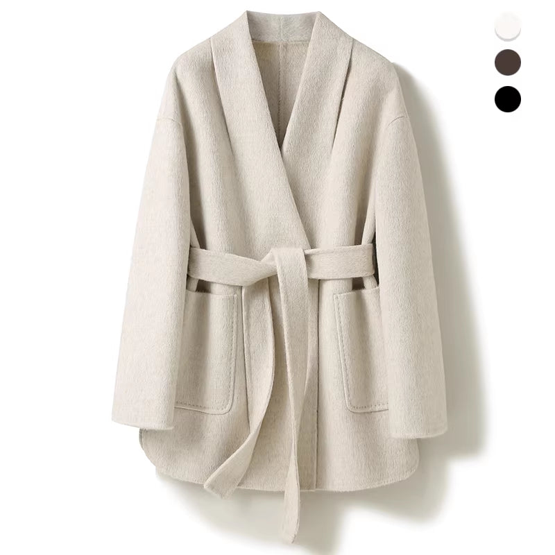 Camel-wool V-neck Wool Double-faced Wool Belted Coat