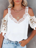 Womens Loose Lace V-Neck Short-Sleeve T-Shirt