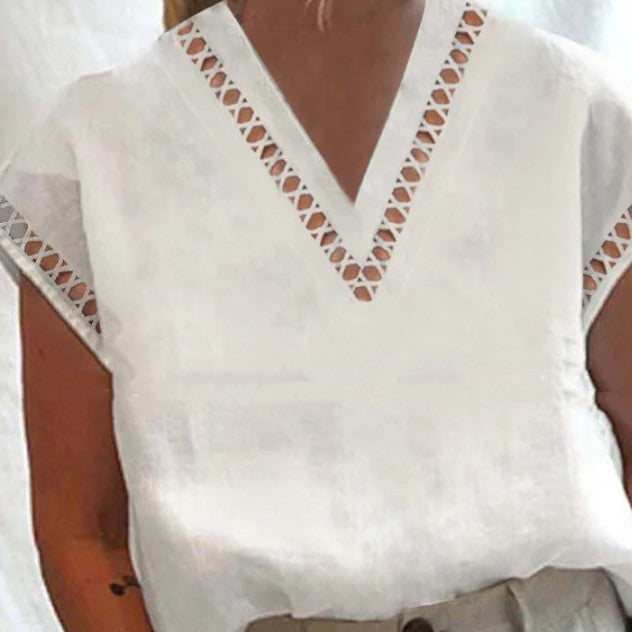 Womens Hollow-Out Cotton-Linen V-Neck Shirt