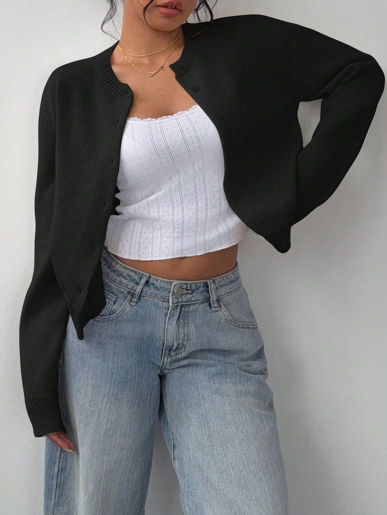 Chic Long Sleeved Knitted Cardigan Fashion Slim Solid Color Short Sweater For Women Clothing