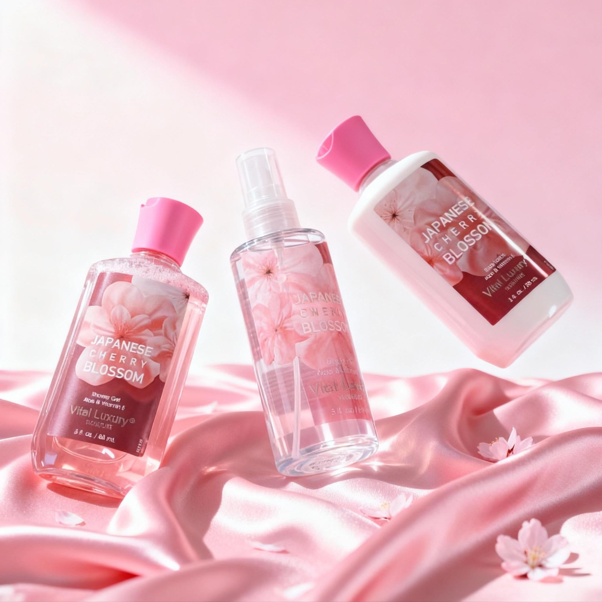 3-piece Set Japanese Cherry Blossom Spa Set With Natural Extracts-Shower Gel, Body Lotion, Body Mist, Bath And Body Gift Set For Women And Girls,  Body Care Travel Set For Birthday Mother's Day Gifts