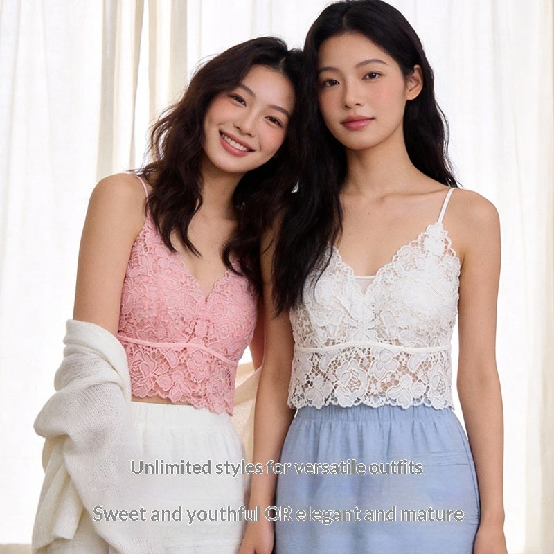 French-style Lace Mesh Camisole With Chest Pads Lightweight Outerwearbase Layer Top