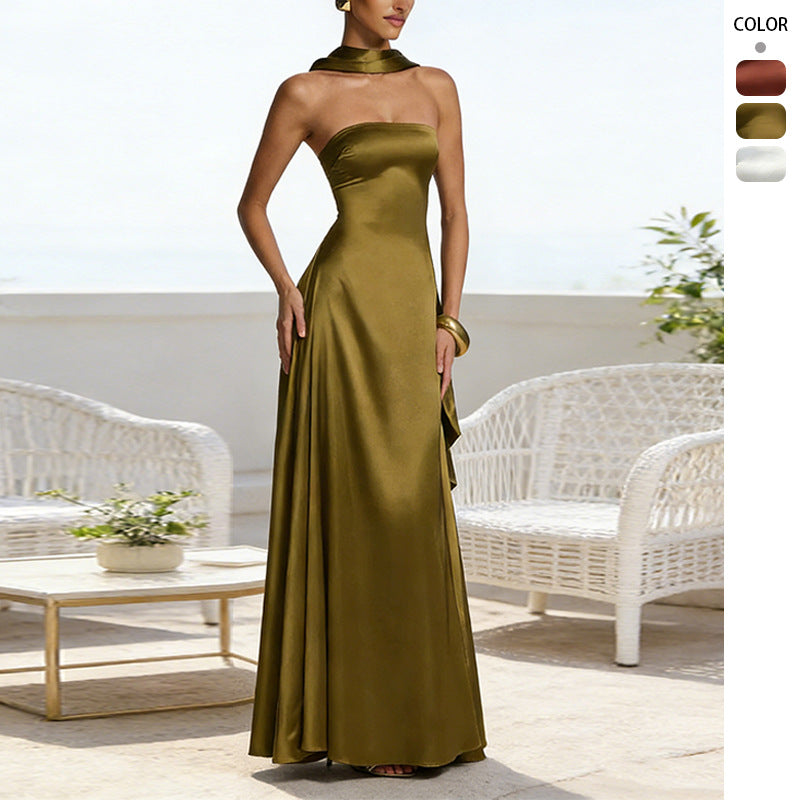Womens Chest Wrapping Backless Tube-Top Waist-Cinching Evening Gown Long Dress Women'S Solid Sexy Elegant Clothes Party Club Prom Summer Outfit