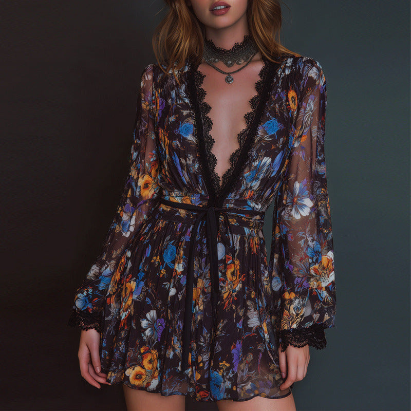 Womens Long Sleeve Waist Cinched Organza Dress With A Collar Short Style