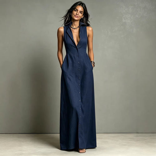 Casual Cotton Linen Bag-Sleeveless Solid Color Dress