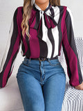 Women's Elegant Color Block Stripe Tie Waist Lantern Sleeve Chiffon Top