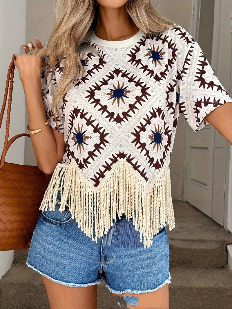 Travel Outfit Ethnic-style Tassel Outerwear For Travel Photos Bohemian Sanya Womens Short-sleeve T-shirt
