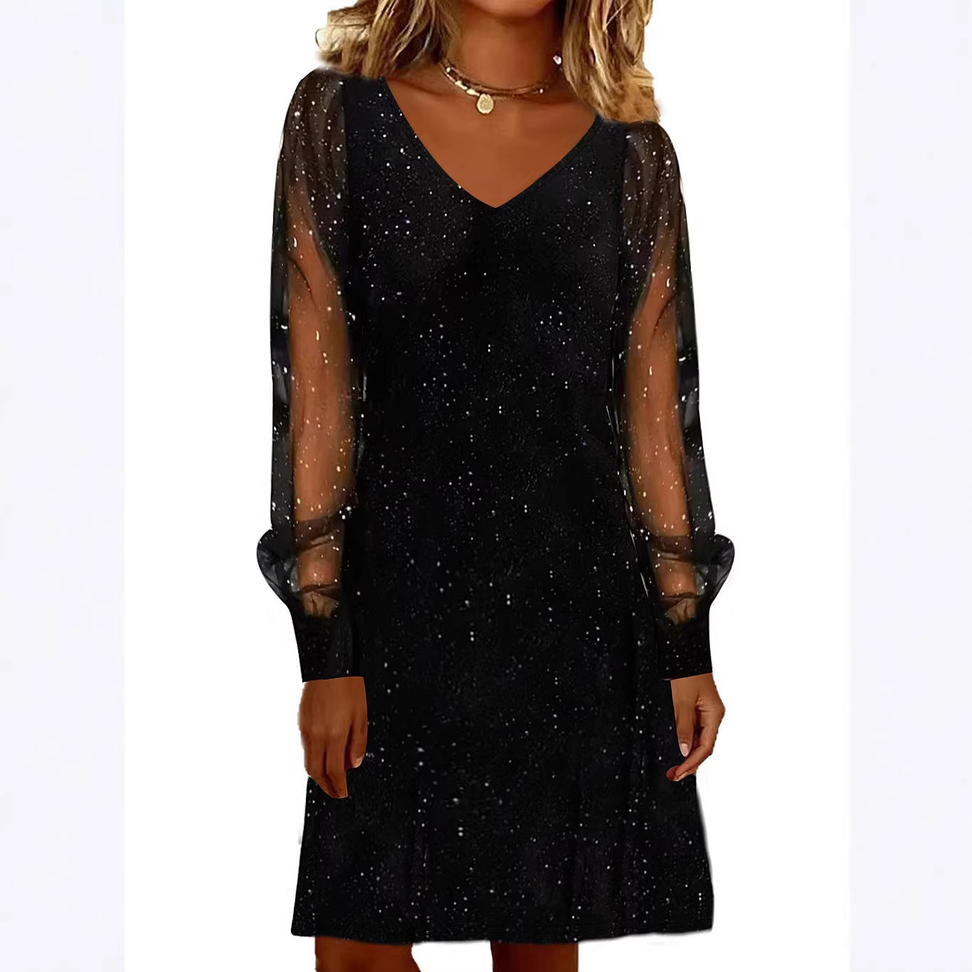 Elegant Women Dress V Neck Shiny And Glowing Mesh Sleeve Mini Dresses For Women Autumn Winter Party Dress Black Evening Dress