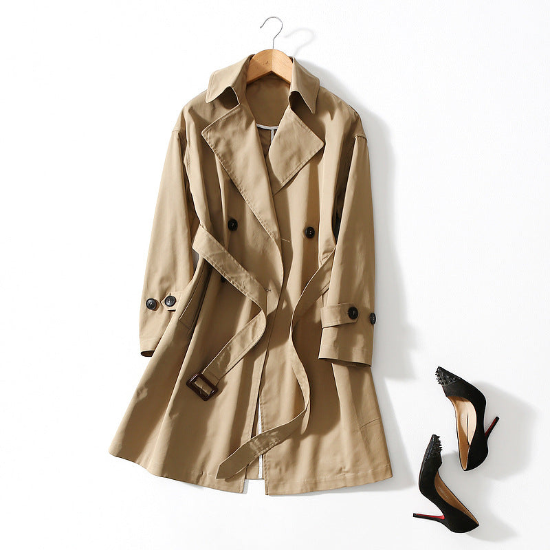 Women's Suit Neck Belt Waist Long Over-the-knee Windbreaker Jacket