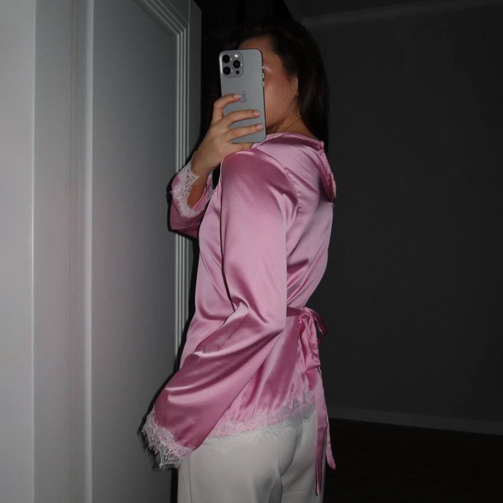 Casual Home Everyday Lace-Sashed Satin Top