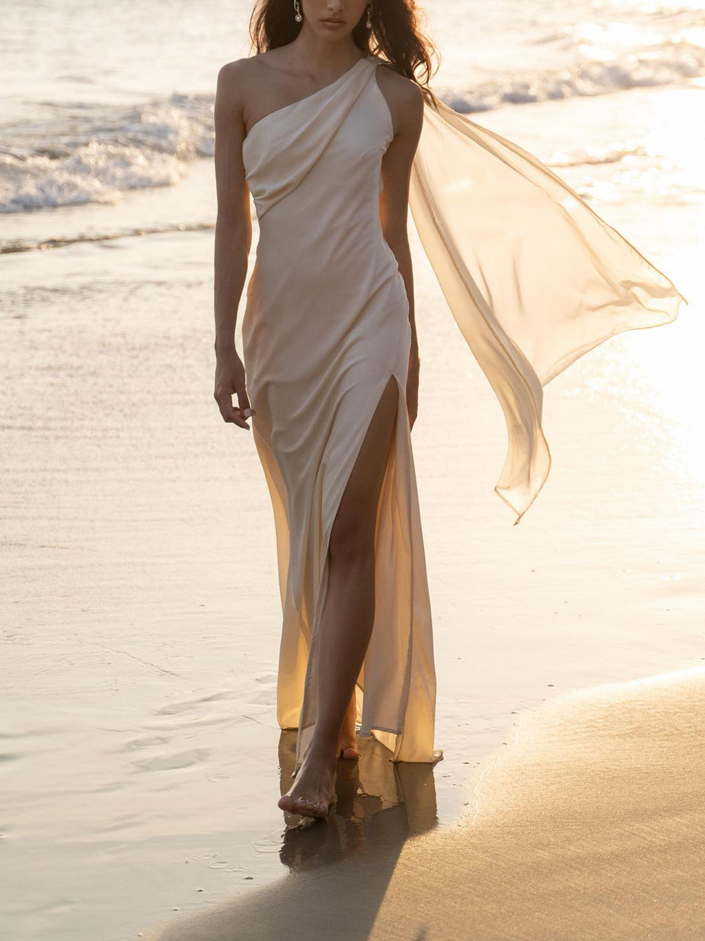 One-shoulder Apricot Slit Dress