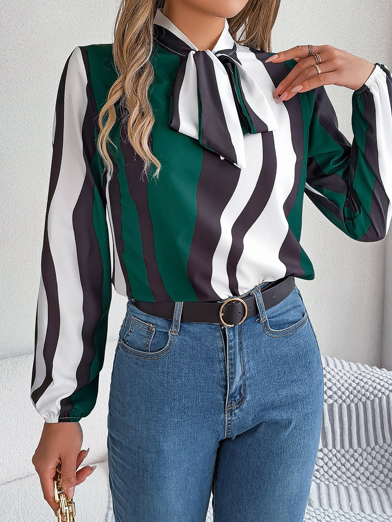 Women's Elegant Color Block Stripe Tie Waist Lantern Sleeve Chiffon Top