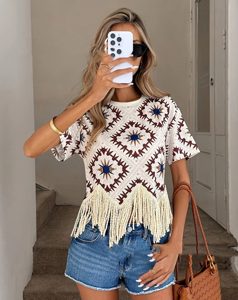 Travel Outfit Ethnic-style Tassel Outerwear For Travel Photos Bohemian Sanya Womens Short-sleeve T-shirt